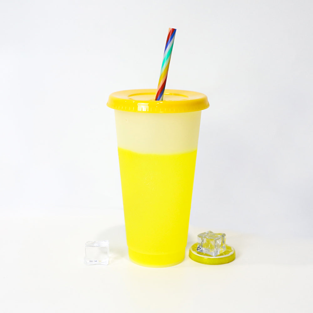Gobelet transparent avec couvercle jaune et paille arc en ciel 710ml - Change couleur - Princess Nugget crafts